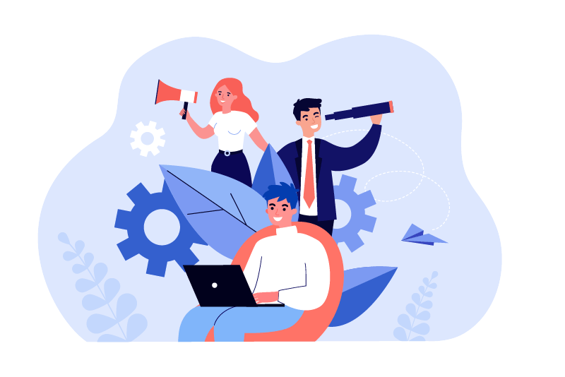 Recruit_search_by_team_of_managers_with_megaphone_and_telescope